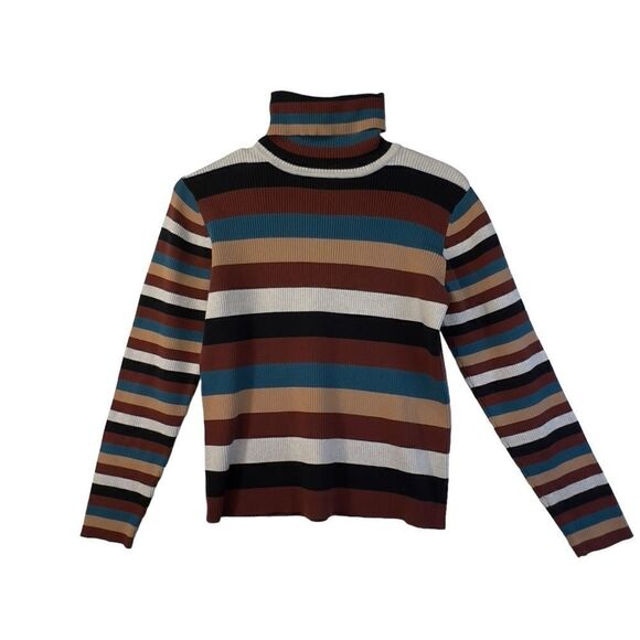Vintage (r)elativity Striped Turtleneck Sweater Medium Black Rust Beige - Picture 1 of 15